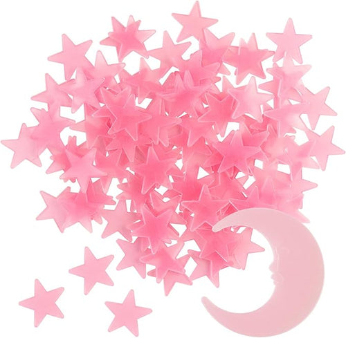100 Stars and 1 Moon Glow in The Dark Luminous Fluorescent 3D Plastic Glow Stars Moon for Ceiling, Glowing Wall Stickers Create a Realistic Starry Sky, Room Decorations (Pink)-Ruum Studio Home