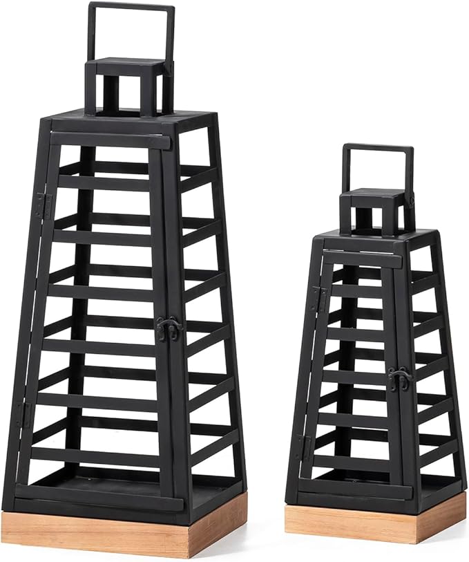 Glitzhome Set of 2 Modern Trapezoid Metal/Wood Decorative Lanterns,Large Candle Lanterns for Living Room,Home,Indoor, Outdoor,Table,Fireplace Mantle Decor -Black(No Glass)-Ruum Studio Home