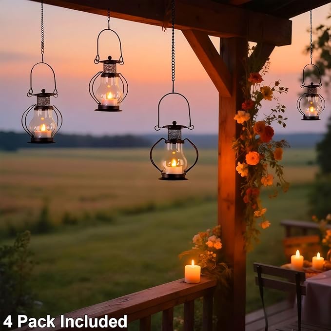 Solar Hanging Lanterns Outdoor Waterproof, Vintage Mini Metal Lantern with Flickering Solar Powered Tea Lights, Perfect Chargeable Solar Lights for Backyard Patio Garden Fence Tree Decoration-4Pack-Ruum Studio Home