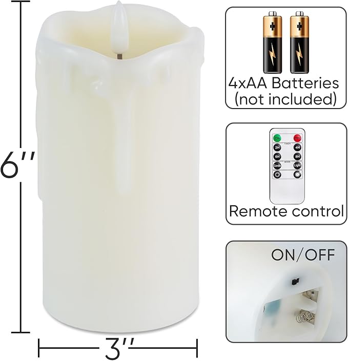 Homemory Dripping Wax Flameless Candles, Battery Operated Candles with Remote Control and Timers, LED Pillar Candles, Electric Fake Candles, 3" x 6", Set of 2-Ruum Studio Home