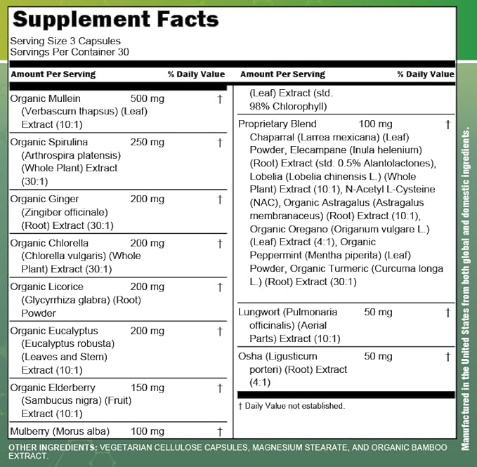 Clean Nutra Mullein NAC Supplement Spirulina Chlorella Ginger Licorice Mulberry Astragalus Root Oregano Turmeric with Chlorophyll Berries Detox Cleanse Respiratory Lung Health 90 Capsules-Ruum Studio Home