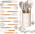Silicone Cooking Utensils Set - Silicone Kitchen Utensils for Cooking Wooden Handles, 446°F Heat Resistant Kitchen Utensil Spatula Sets w Holder, Gadgets for Non-Stick Cookware BPA FREE (Khaki)-Ruum Studio Home