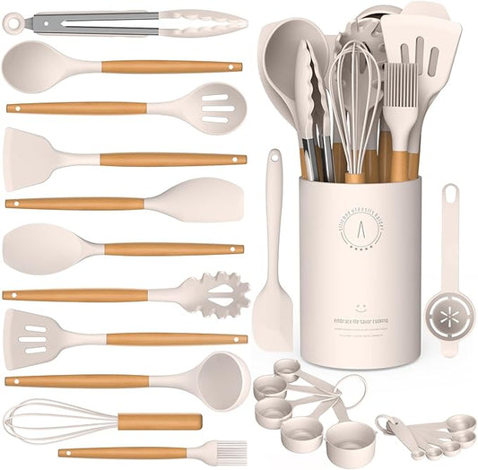 Silicone Cooking Utensils Set - Silicone Kitchen Utensils for Cooking Wooden Handles, 446°F Heat Resistant Kitchen Utensil Spatula Sets w Holder, Gadgets for Non-Stick Cookware BPA FREE (Khaki)-Ruum Studio Home