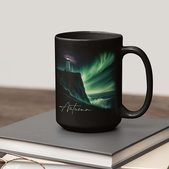 Customized Name Black Coffee Mug, Personalized Beautiful Northern Lights And Lighthouse Mug, Custom Mystical Ocean View Ceramic Cup, Gift For Women Men, Nature Themed Mug 11oz 15oz-Ruum Studio Home