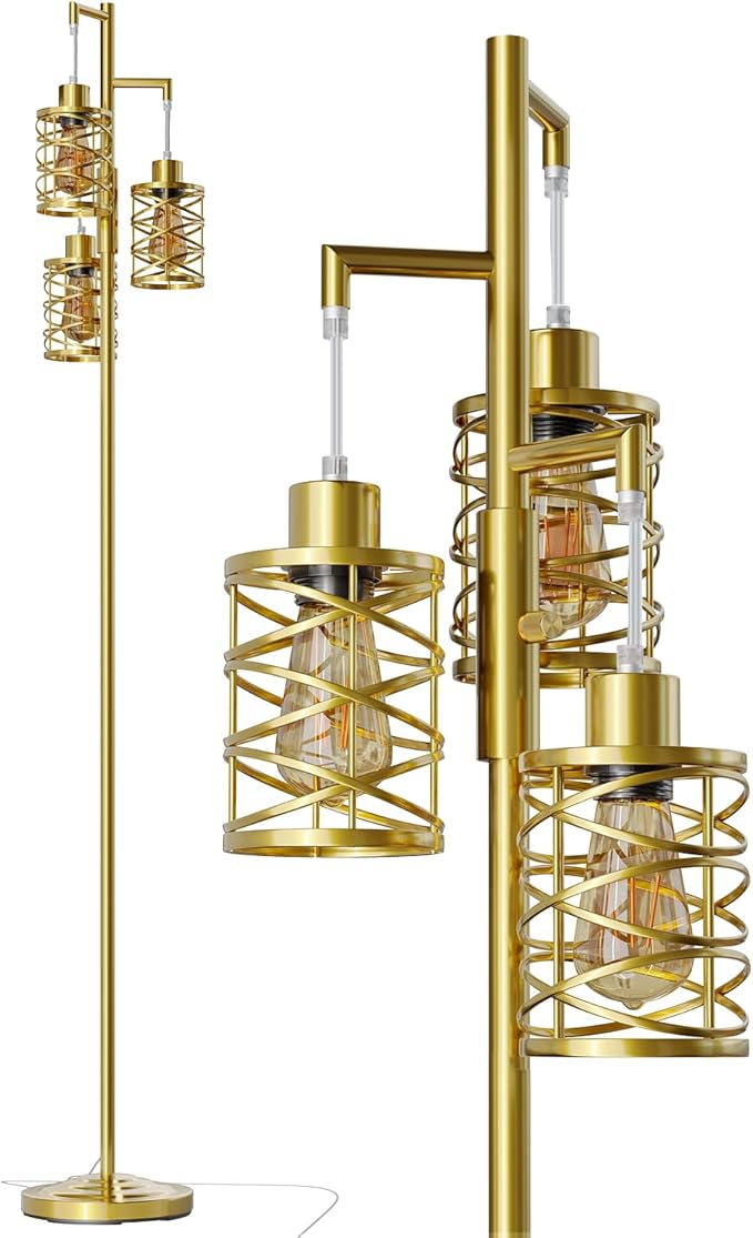 Oneach 70" Industrial Floor Lamp, Stepless Dimmable Standing Lamp with 3 Bulbs, Farmhouse Corner Standing Tree Lamp for Living Room, Tall Lamps for Bedroom, Office, Study Room, Dining Room, Gold-Ruum Studio Home