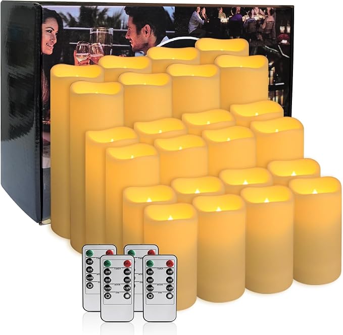 Set of 24 Waterproof Outdoor Flameless Candles,Realistic LED Candles with 4 Remote and Timer,(H 4" 5" 6" x D 2.2"),for Halloween Wedding Festival Decor.-Ruum Studio Home