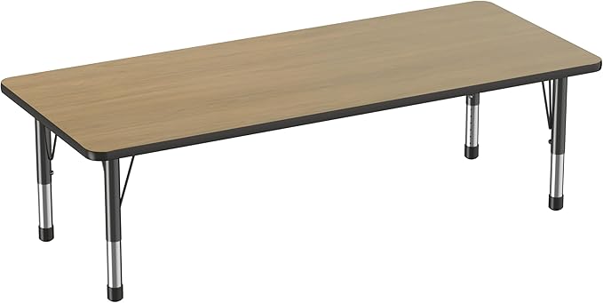 Factory Direct Partners FDP Rectangle (30 x 72 inch) Classroom Table with Adjustable Chunky Toddler Legs (15-24 in); Preschool, Kinder and Daycare Furniture - Pasadena Oak Top/Black Edge and Legs-Ruum Studio Home