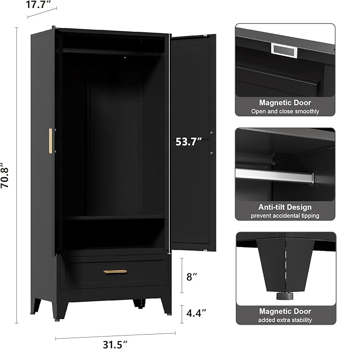 71'' Black Farmhouse Metal Wardrobe Cabinet with Hanging Rod, 2 Barn Door Wardrobe Closet with Adjustable Shelves,Drawer,for Dining Room,Bedroom,Living Room, Cloak Room,Office-Ruum Studio Home