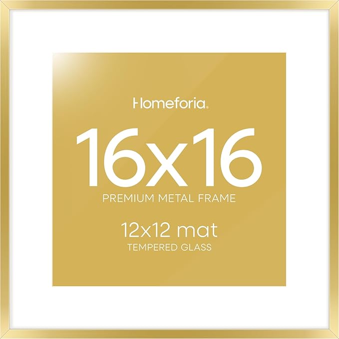 Homeforia 16x16 Picture Frame Gold, High End Metal 16 x 16 Square Poster Frame with Mat 12 x 12 Photo, 16x16 Frame Matted to 12x12 Print, 16by16 Gold Hanging Frames, Tempered Glass, Wall Kit, Set of 1-Ruum Studio Home