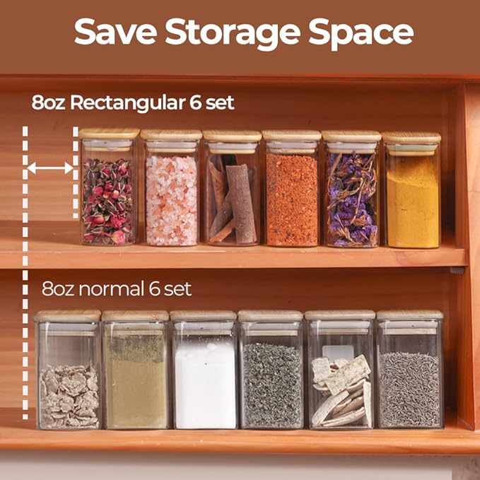Comsaf Spice Jars with Label，8 oz Small Glass Jars with Lids, 6 Pcs Seasoning Containers, Rectangle Glass Containers with Lids, Empty Seasoning Jars for Pantry Storage, Loose Tea, Herbs, Powders, Salt-Ruum Studio Home