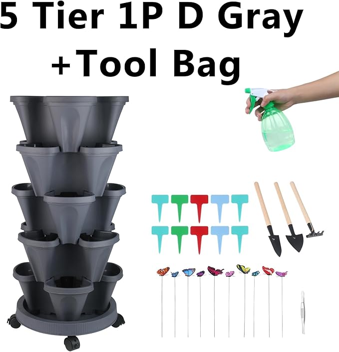 Vertical Planter, 5 Tier Stackable Strawberry Planter with Garden Tool Set, Movable Indoor/Outdoor Garden Herb Pot for Growing Vegetables and Succulents, Dark Gray-Ruum Studio Home