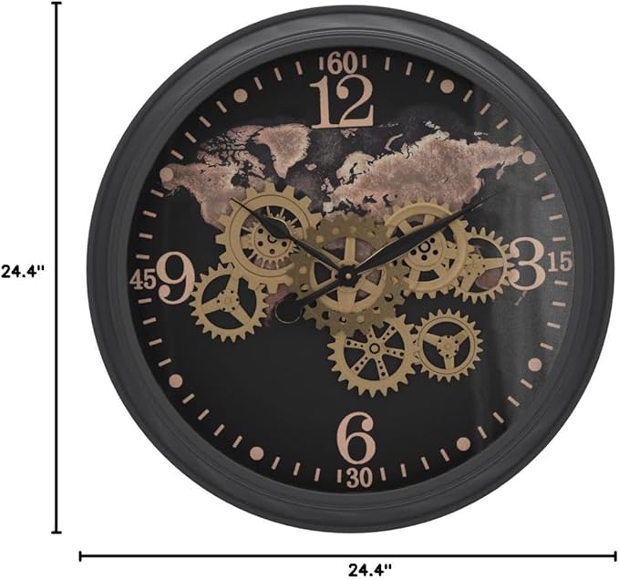 CLXEAST 24 Inch Moving Gear Wall Clock with World Map Pattern,Large Black Gold Metal Wall Clock for Modern Farmhouse Living Room Decor,Reloj De Pared para Sala-Ruum Studio Home