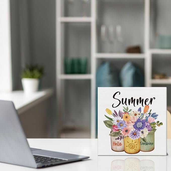 Summer Decor Farmhouse Summer Decorations Hello Sunshine Wooden Sign Rustic Home Decor 5 x 5 Inches-Ruum Studio Home