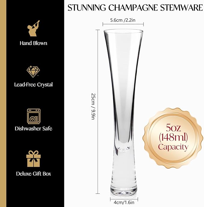 Champagne Flutes Set of 4, Hand Blown Crystal Champagne Glasses, Modern Unique Design, Lead-Free Prosecco Glasses, Elegant Toasting Glasses Gift for Wedding, Anniversary, Birthday, Christmas-Ruum Studio Home