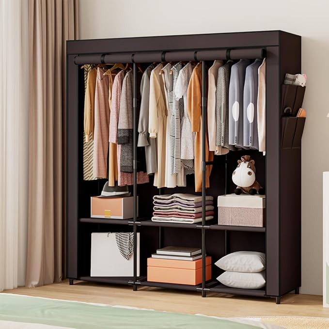 SORCEDAS Portable Closet Wardrobe Storage Organizer Metal Hanging Rack Non-Woven Fabric 50 Inch (Coffee)-Ruum Studio Home