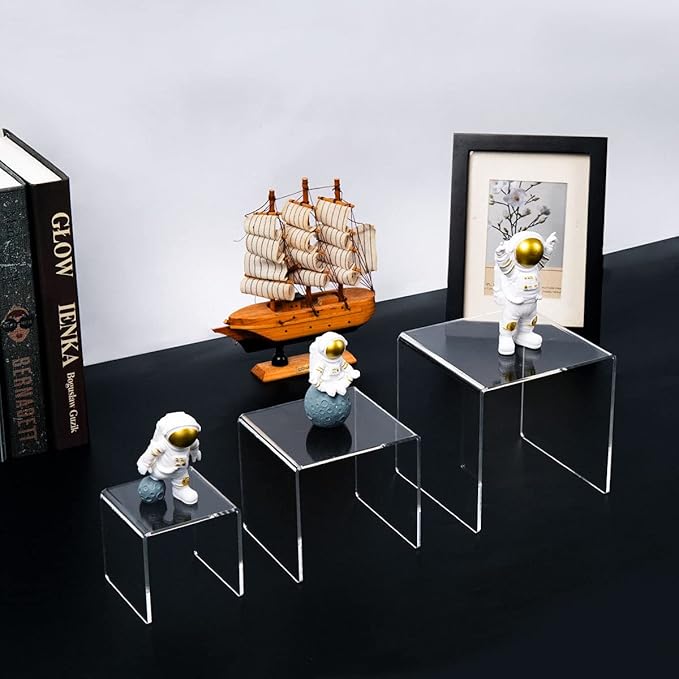 HIIMIEI Clear Acrylic Display Risers 2 Sets, 3-Tier Risers Stands Showcase for Amiibo Funko Pop Figures, Dessert, Jewelry-3"x4"x5"-Ruum Studio Home