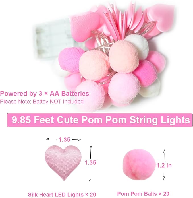 9.85Ft String Lights with 20 Pink Heart LEDs 20 Pink Pom Poms Garland Lights with Timer Valentine Decoration for Home Kid Bedroom Mother's Day Wedding Party Valentine's Day Decor-Ruum Studio Home