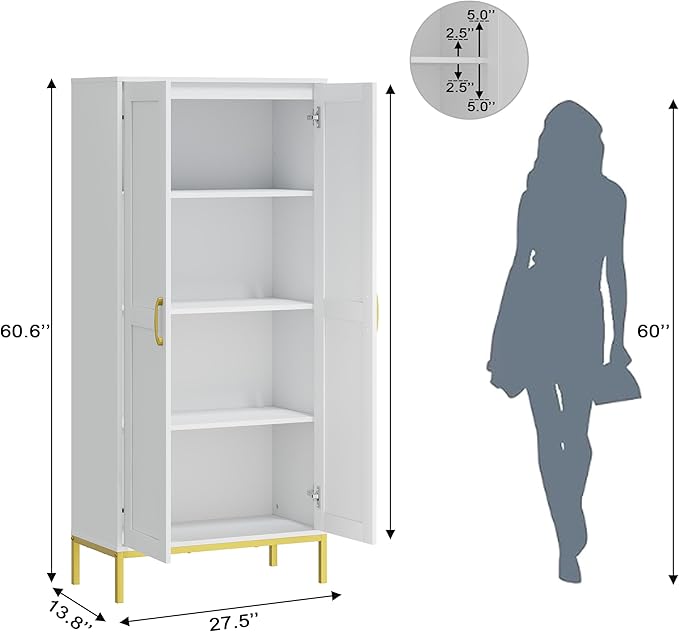 Tall Storage Cabinet, Kitchen Pantry Cabinet with 2 Doors & Adjustable Shelves for Laundry Room, Living Room, Entryway,Bathroom,White-Ruum Studio Home