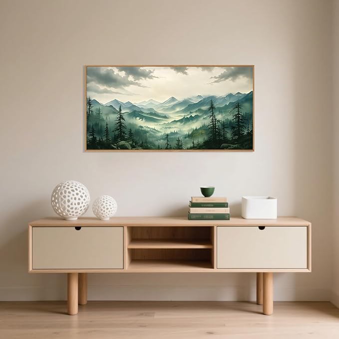 Celestdeco Green Foggy Mountain Framed Canvas Wall Art Set, Misty Forest Wall Decor, Watercolor Pine Tree Wall Painting, Large Nature Landscape Art Print for Living Room, Bedroom, Office - 20"X40"-Ruum Studio Home