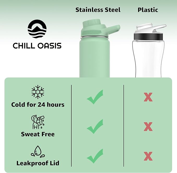 Chill Oasis Water Bottle | Compatible With Popular Flavor Cartridges | BPA Free, Leak Proof, Double-Walled Vacuum Insulated Stainless Steel, and Dishwasher Safe | Cold for 24 Hours (Sage, 12oz)-Ruum Studio Home