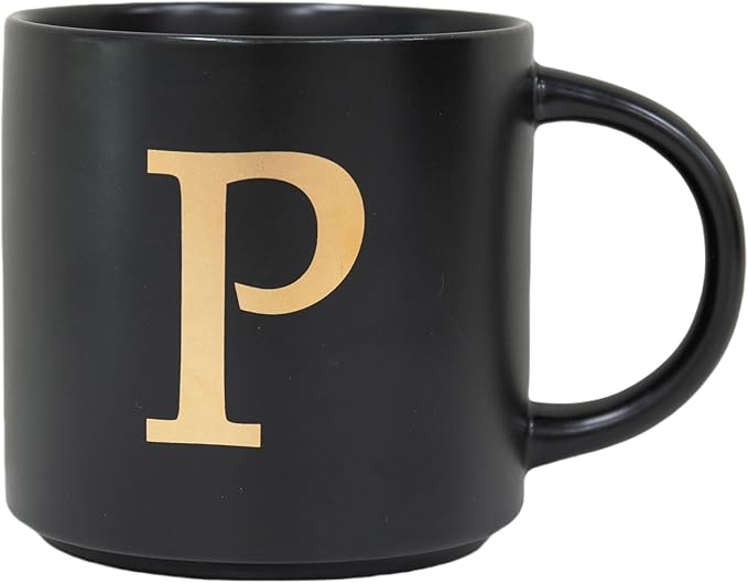 COLLECTIVE HOME - Monogram Ceramic Mugs, 15 oz Golden Initial Black Coffee Cups, Elegant Alphabet Tea Mugs, Elegant Personalized Mug with Gift Box, Unique Mug with Double Side Capital Lette (P)-Ruum Studio Home