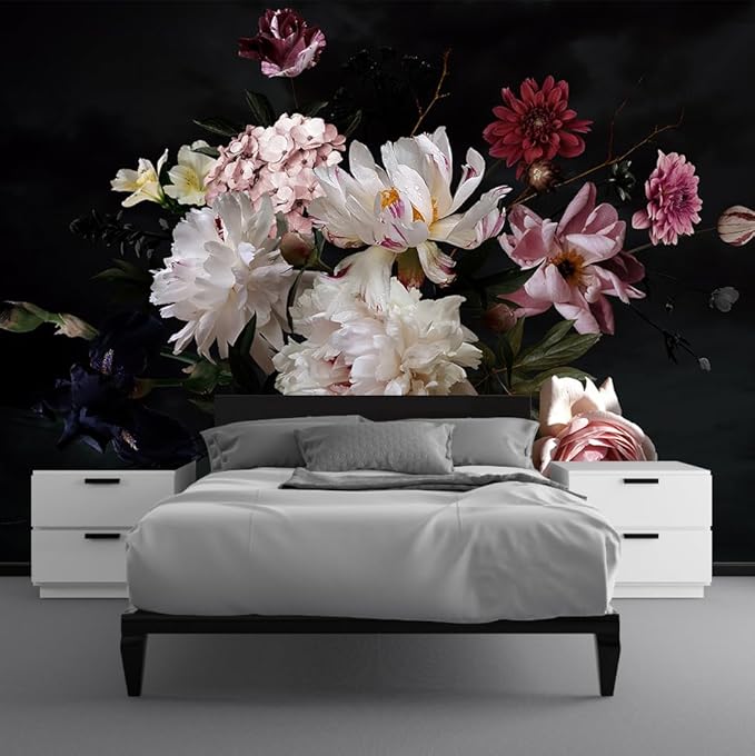 Dark Floral Wallpaper Mural Vintage Peony Flowers Black Background Wall Mural Bedroom (Not Peel and Stick)-Ruum Studio Home