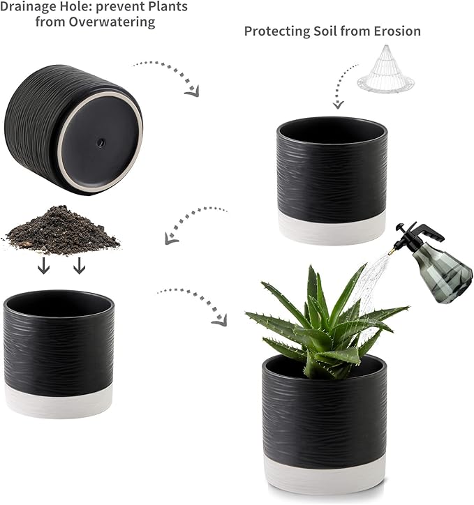 Nihow Ceramic Plant Pot: 6 Inch Planter with Drainage Hole & Saucer for Indoor & Outdoor Plants - Cylinder Round Flower Pot for Succulent/Herbs/Violets - Black & White-Ruum Studio Home