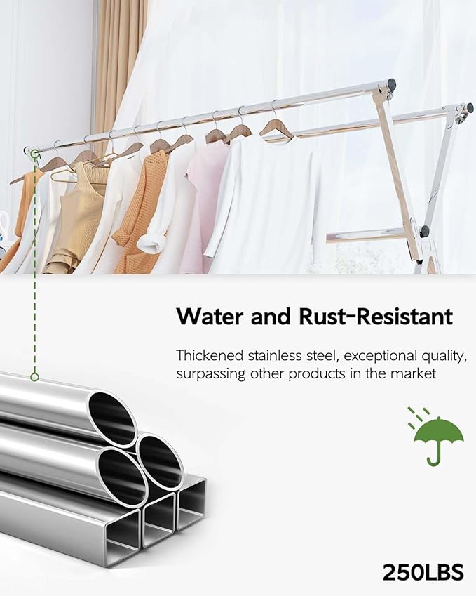 Clothes Drying Rack 79 Inches Folding Indoor Outdoor, Drying Rack Clothing Collapsible, Foldable Laundry Drying Rack, Heavy Duty Stainless Steel Clothesline, Garmet Rack, 20 Hooks 12 Clips-Ruum Studio Home