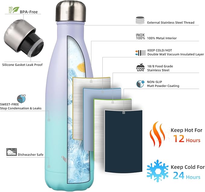 Insulated Water Bottles,17 oz Double Wall Stainless Steel Vacumm Metal Flask for Sports Travel,Lavender Green-Ruum Studio Home