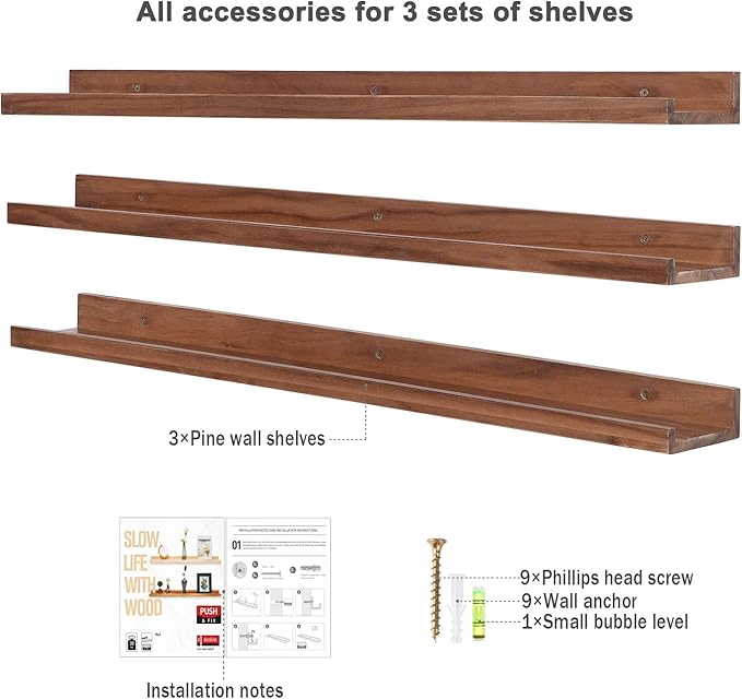AZSKY 36 Inch Floating Book Shelves Rustic Wood Wall Picture Ledge Shelf for Storage Light Walnut Wall Mounted Picture Photo Display Shelf a Set of 3 Hanging Book Shelf-Ruum Studio Home