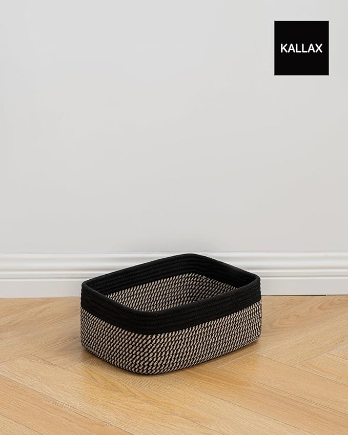KALLAX Small Woven Basket, 13.5 x 9.5 x 5 Inches, Storage Basket for Organizing, Cute Small Rope Shelf Closet Cube Storage Bins Baskets for Shelves, Dog Toy Gift Baskets Empty, 3 Pack Black & Brown-Ruum Studio Home