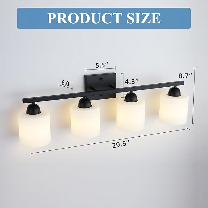 Milk Glass Vanity Lights for Bathroom, 4 Light Matte Black Bathroom Light Fixtures Over Mirror, Ceramic E26 Sockets Wall Mounted-Ruum Studio Home