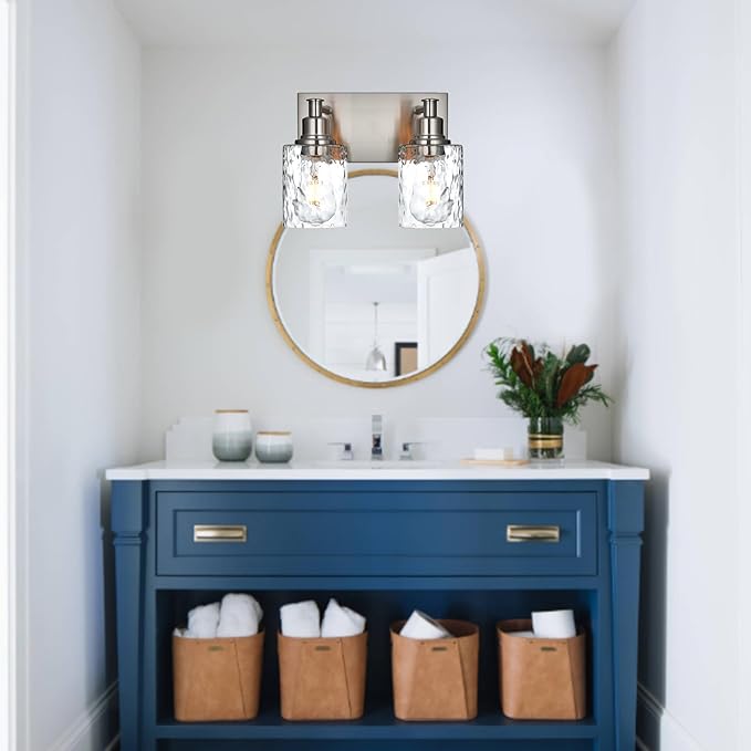 BONLICHT Modern Bathroom Light Fixtures in Brushed Nickel Finish, 2 Light Industrial Indoor Wall Sconce Farmhouse Vanity Lighting Over Mirror with Hammered Glass Contemporary Hallway Wall Mount Lamp-Ruum Studio Home