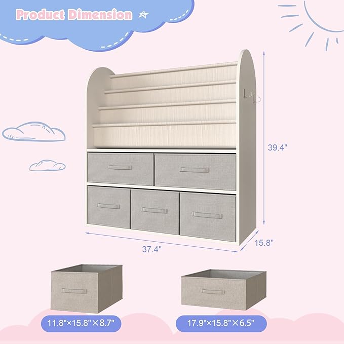 NACHES Kids Bookshelf and Toy Storage Bins, Children Bookcase Toddler Book Display Cabinet with 5 Toy Organizer Boxes for Playroom,Reading Room,Toddler Room,Nursery,Classroom-Ruum Studio Home