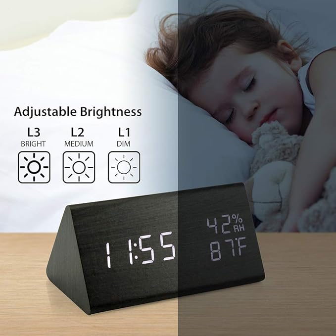 OCT17 Wooden Alarm Clock, Smart LED Digital Clock for Bedroom/desks, Upgraded with Time Temperature, Adjustable Brightness and Voice Control, Humidity Displaying - Black-Ruum Studio Home