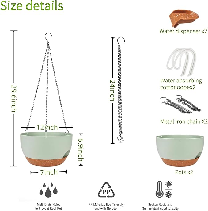 2 Pack Hanging Planters for Indoor Outdoor Plants, 12 Inch Self Watering Hanging Pot with Drainage Holes and Saucer, Plastic Plant Pots, Green Brown Flower Pots for Kitchen, Balcony, Garden-Ruum Studio Home