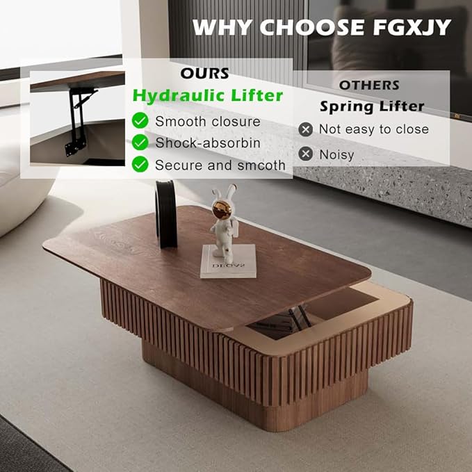 Lift Coffee Table with Storage & Adjustable Height, Solid Wood Coffee Table Fluted Center Table Accent Tea Table or Living Room, Apartment, Office (38.6" Walnut)-Ruum Studio Home