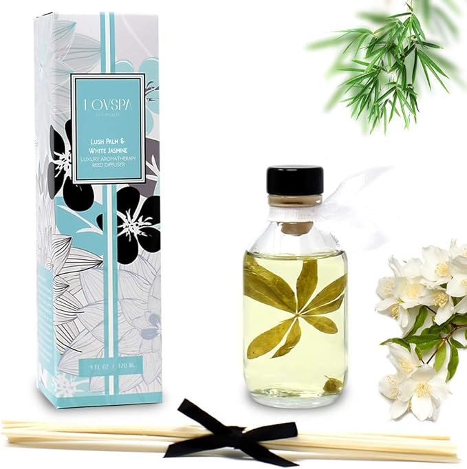 LOVSPA Reed Diffuser Set, Lush Palm & Jasmine Scented Oil Diffuser with Sticks, Home Fragrance Accessories for Bathroom Shelf Decor, Aroma Diffusers for Home or Office Desk, USA Made-Ruum Studio Home