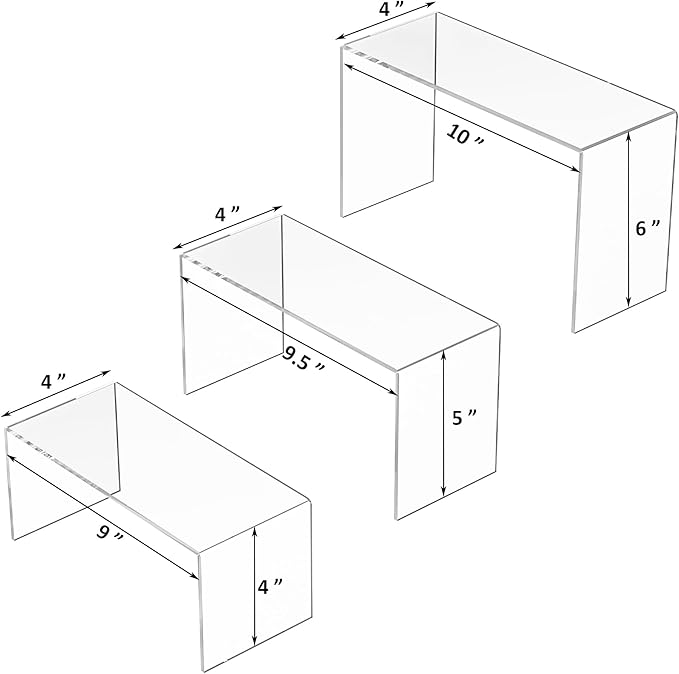 9x9.5x10 Inch Clear Display Risers Shelf 3pcs, Countertop Rectangular Acrylic Display Stands for Funko Pop Figure, Bags, Collectibles-Ruum Studio Home