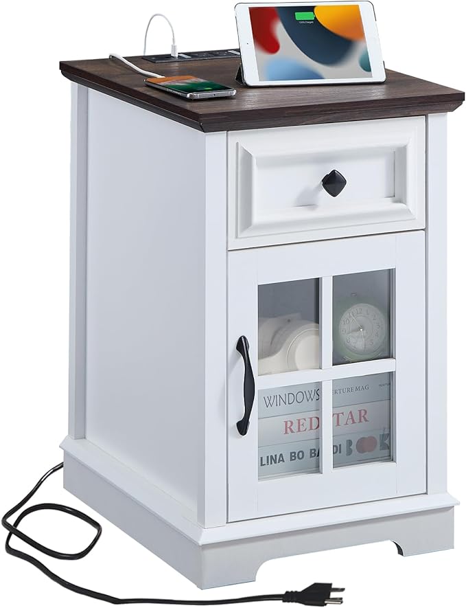 Farmhouse XXL End Table with Charging Station, Side Table with USB Ports and Outlets, Nightstand with Drawer and Glass Door Storage, White Bedside Tables for Living Room, Bedroom, Office-Ruum Studio Home
