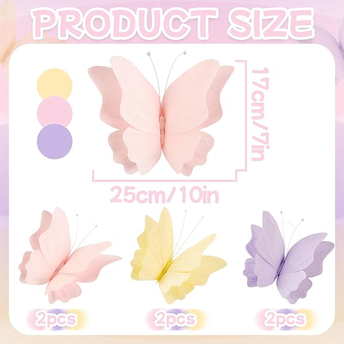 SUNBEAUTY Butterfly Party Decorations Hanging Butterfly Decorations 6Pcs Crepe Paper Garden 3D Butterflies Decor Pastel Paper Butterflies Decoration for Wedding Baby Shower Birthday Party Room Decor-Ruum Studio Home