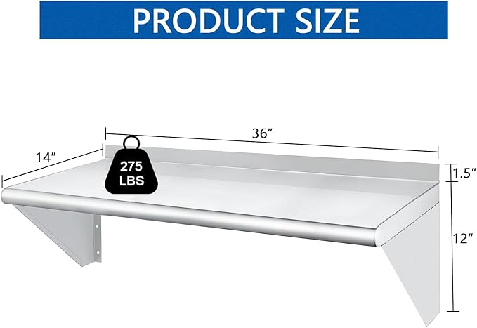 HARDURA Stainless Steel Shelf 14" x 36", 275lb Commercial Shelves Wall Mount Metal Shelving with Backsplash and Brackets for Kitchen, Restaurant, Laundry Room and Home-Ruum Studio Home