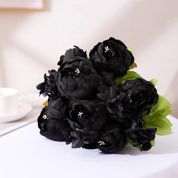 Duovlo Artificial Peony Silk Flowers Fake Flowers Vintage Wedding Home Decoration,Pack of 1 (Black)-Ruum Studio Home