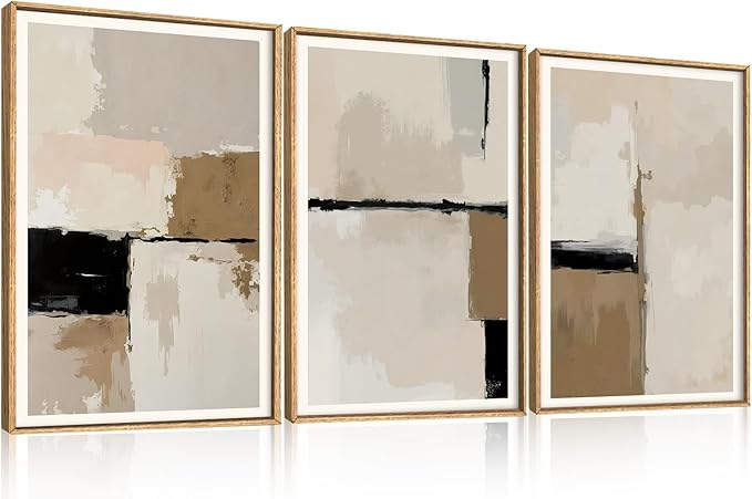 HPINUB Large Modern Abstract Framed Canvas Wall Art Set,Geometric Line Black White and Beige Textured Wall decor Neutral Gray Minimalist Art Print for Living Room,Bedroom,Dining Room,Office -16"x24"x3-Ruum Studio Home