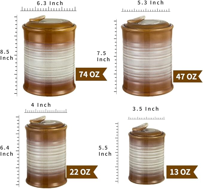 Nihow Ceramic Food Storage Jar Sets: Container with Air Tight Ceramic Lid for Flour/Sugar/Rice/Coffee/Cookies/Candy - Seal Damp-proof Canister for The Kitchen - Set of 4 (Brown)-Ruum Studio Home