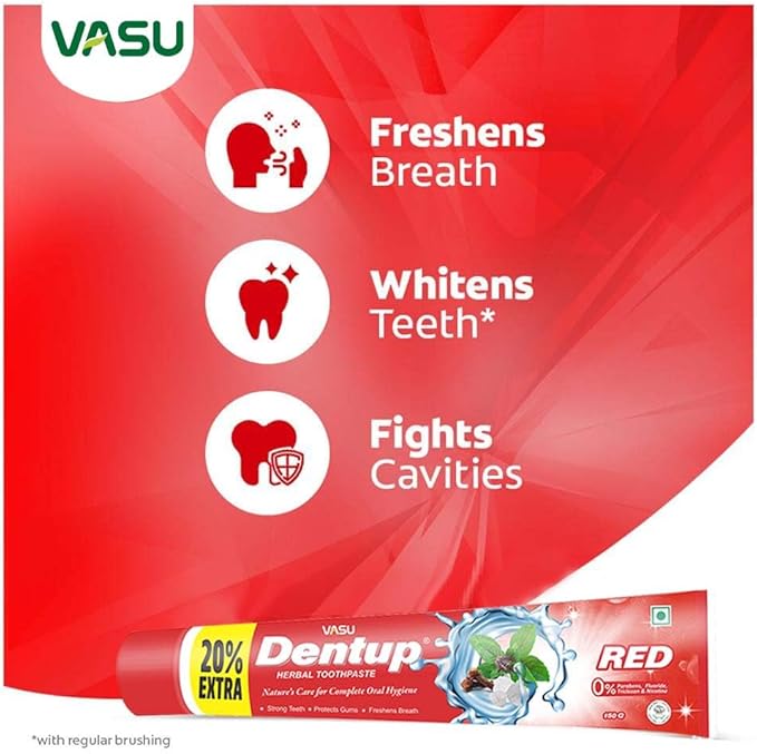 Vasu Dentup RED Herbal Toothpaste - Herbal Oral Care with Clove Oil & Mint - Fluoride-Free Natural Toothpaste for Daily Use - Fights Plaque, Freshens Breath, Soothes Gums - 5.03 fl.oz each (Pack of 2)-Ruum Studio Home