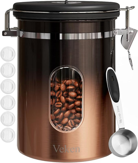 Veken Coffee Canister with Window,Airtight Stainless Steel Kitchen Food Storage Container, Date Tracker & Scoop for Grounds Coffee, Beans, Tea,Flour,Cereal,Sugar,22OZ,Copper