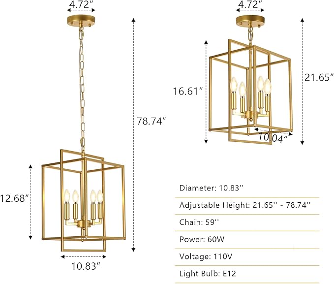 Farmhouse Gold Chandelier, 4-Light Vintage Chandeliers for Dining Room, Adjustable Modern Rustic Metal Hanging Pendant Light Fixture for Entryway Foyer Kitchen Island Hallway-Ruum Studio Home