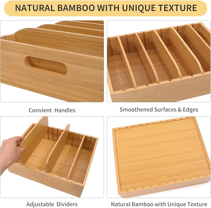 2 Pack Bamboo Lid Holder Food Container, Kitchen Organizer with 5 Adjustable Dividers, Cabinet Organizer for Food, Kitchen Gadget, Container Lids-Ruum Studio Home