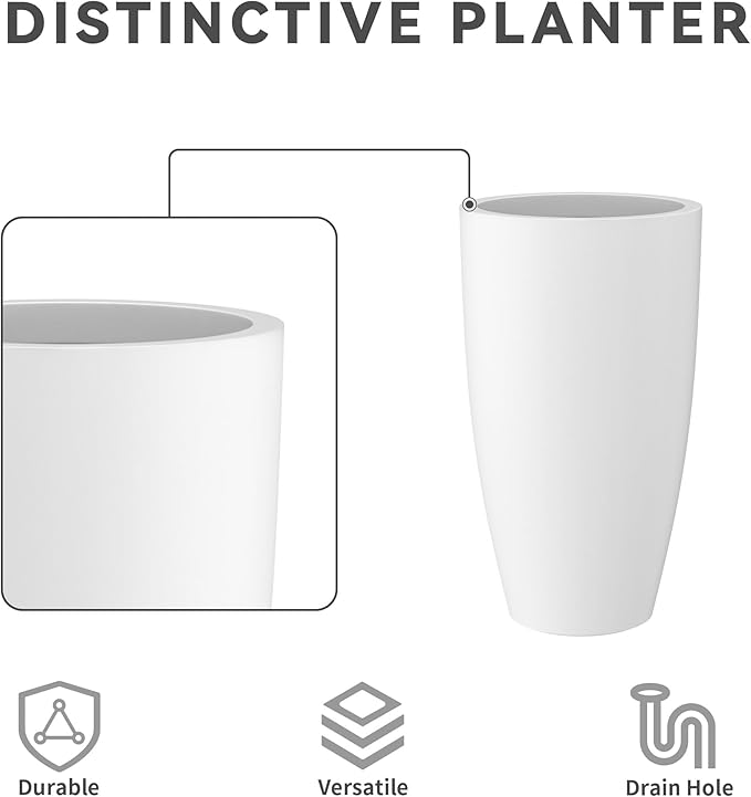 Kante 23.6" H Pure White Finish Concrete Tall Planters Large Outdoor Indoor Decorative Plant Pots with Drainage Hole and Rubber Plug, Modern Tapered Style for Home and Garden-Ruum Studio Home